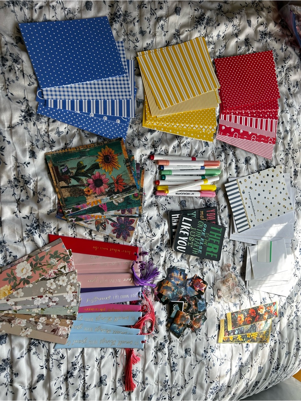 Assorted Decorative Bookmarks and Note Cards - Blue, Yellow, Red, Floral